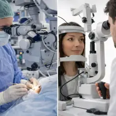 Lekarz w masce i okularach operuje oko pod mikroskopem, obok pacjentka u optometrysty.