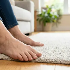 Stopy kobiety na dywanie, widoczny paluch koślawy.