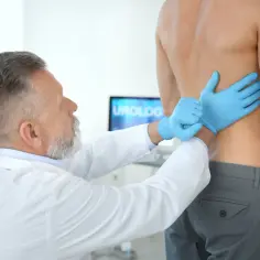 Urolog w rękawiczkach bada plecy pacjenta.