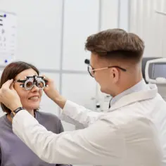 Okulista w białym fartuchu bada wzrok pacjentki za pomocą foroptera.