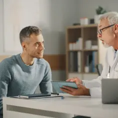 Lekarz urolog w białym kitlu pokazuje pacjentowi tablet w gabinecie.